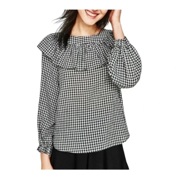 Zara Gingham printed Ruffled black/ white Blouse size S‎ - Picture 6 of 11